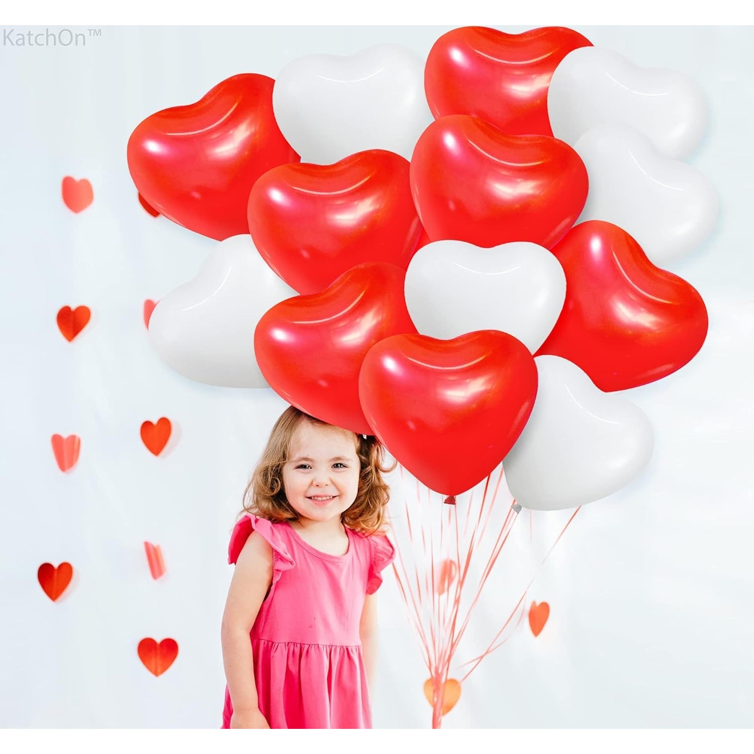 Set 10 Baloane, Flippy, Model Inima, din Latex, 25 cm, Alb/Rosu