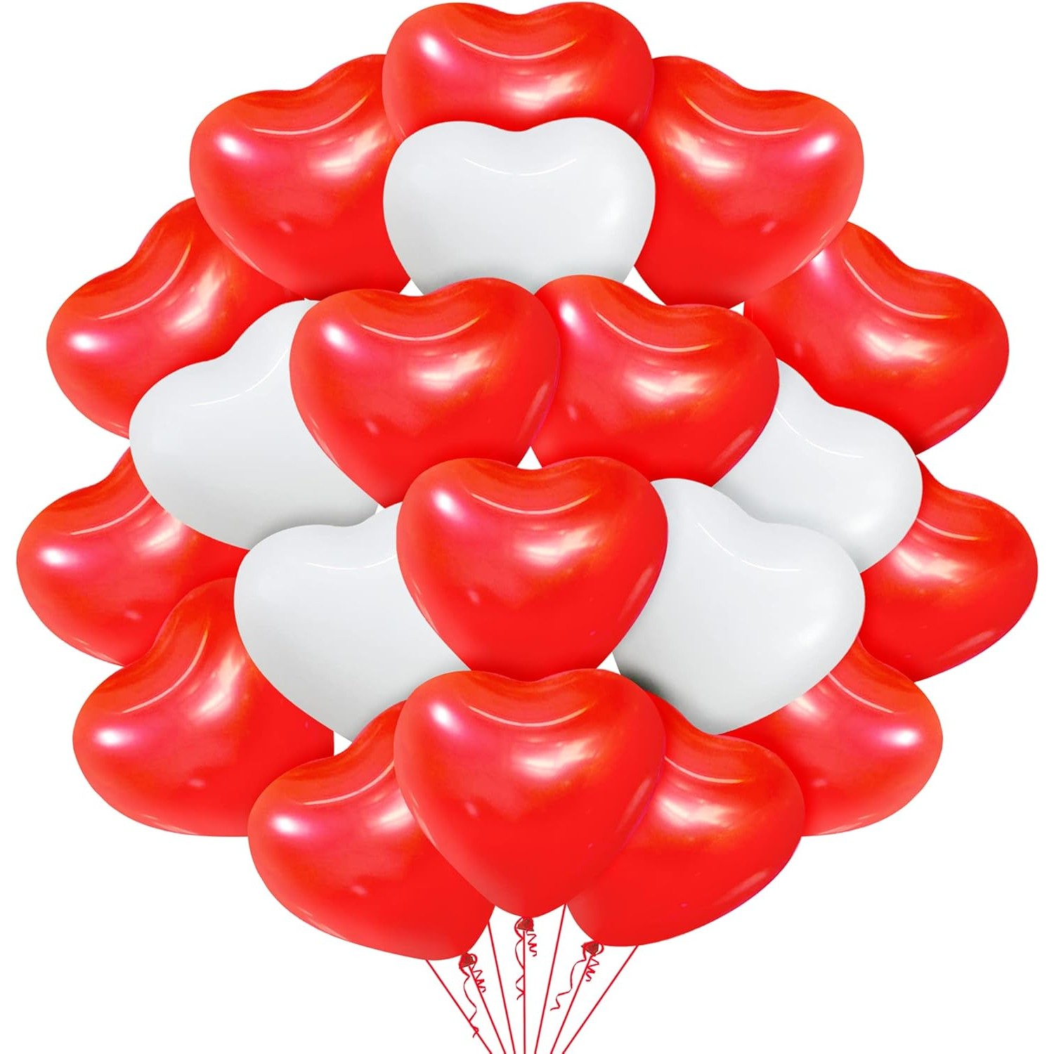 Set 10 Baloane, Flippy, Model Inima, din Latex, 25 cm, Alb/Rosu