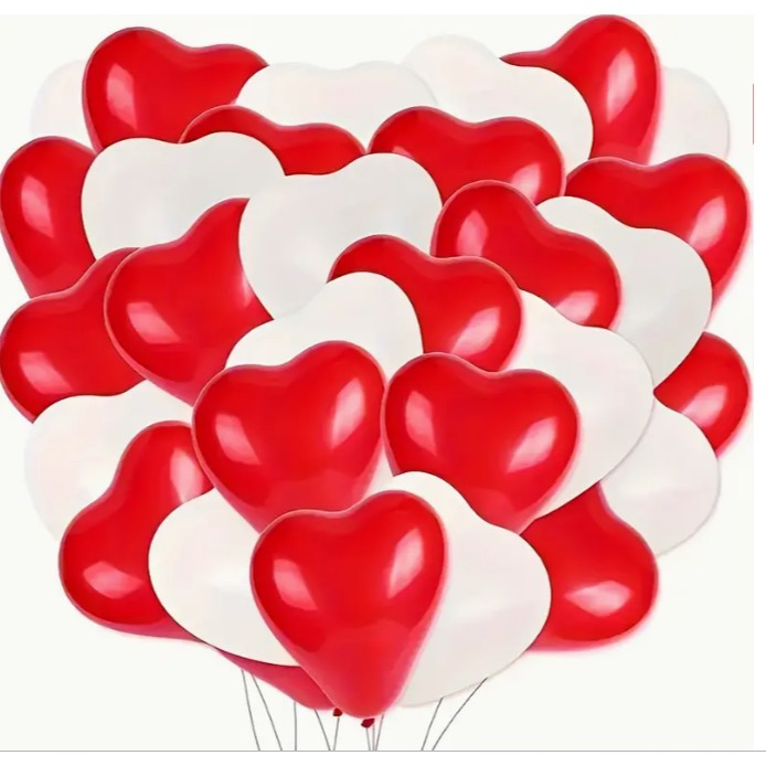 Set 10 Baloane, Flippy, Model Inima, din Latex, 25 cm, Alb/Rosu