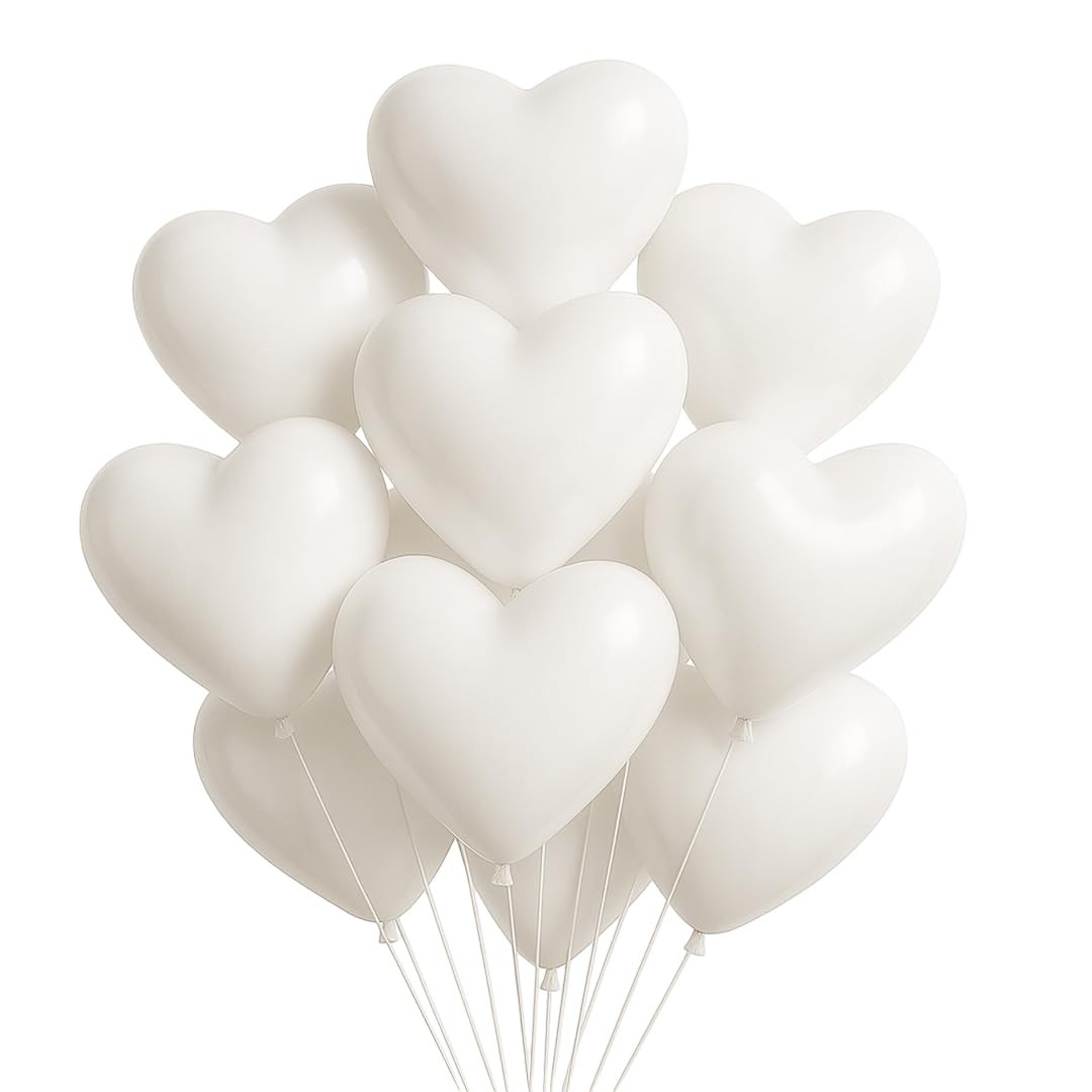 Set 10 Baloane, Flippy, Model Inima, din Latex, 25 cm, Alb
