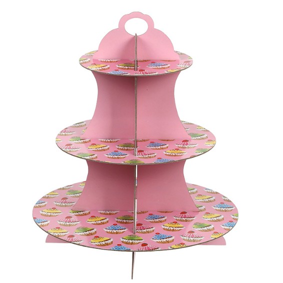 Suport Prajituri, Flippy, 3 Etaje, Design de Petrecere, pentru Prajituri, Candy Bar, din Carton, Roz/Multicolor