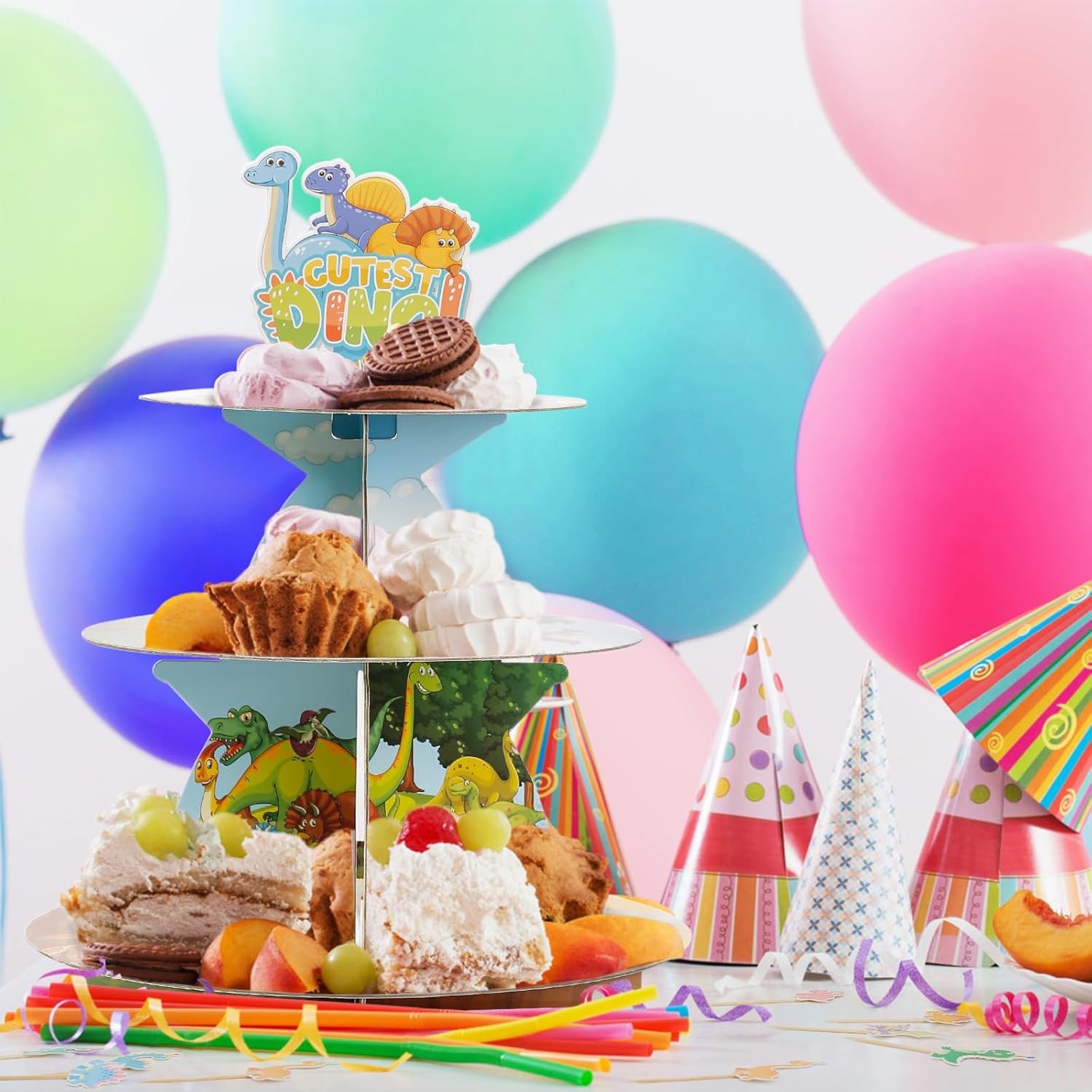 Etajera pentru Prajituri, Flippy, din Carton, 3 Nivele, 16/22/29 cm Diametru, Inaltime 38 cm, Tema Dinozauri Dino, Multicolor