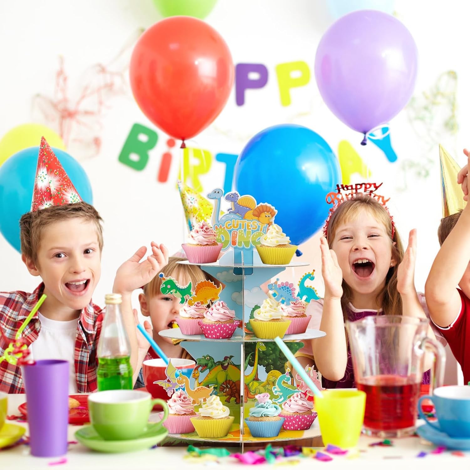 Etajera pentru Prajituri, Flippy, din Carton, 3 Nivele, 16/22/29 cm Diametru, Inaltime 38 cm, Tema Dinozauri Dino, Multicolor