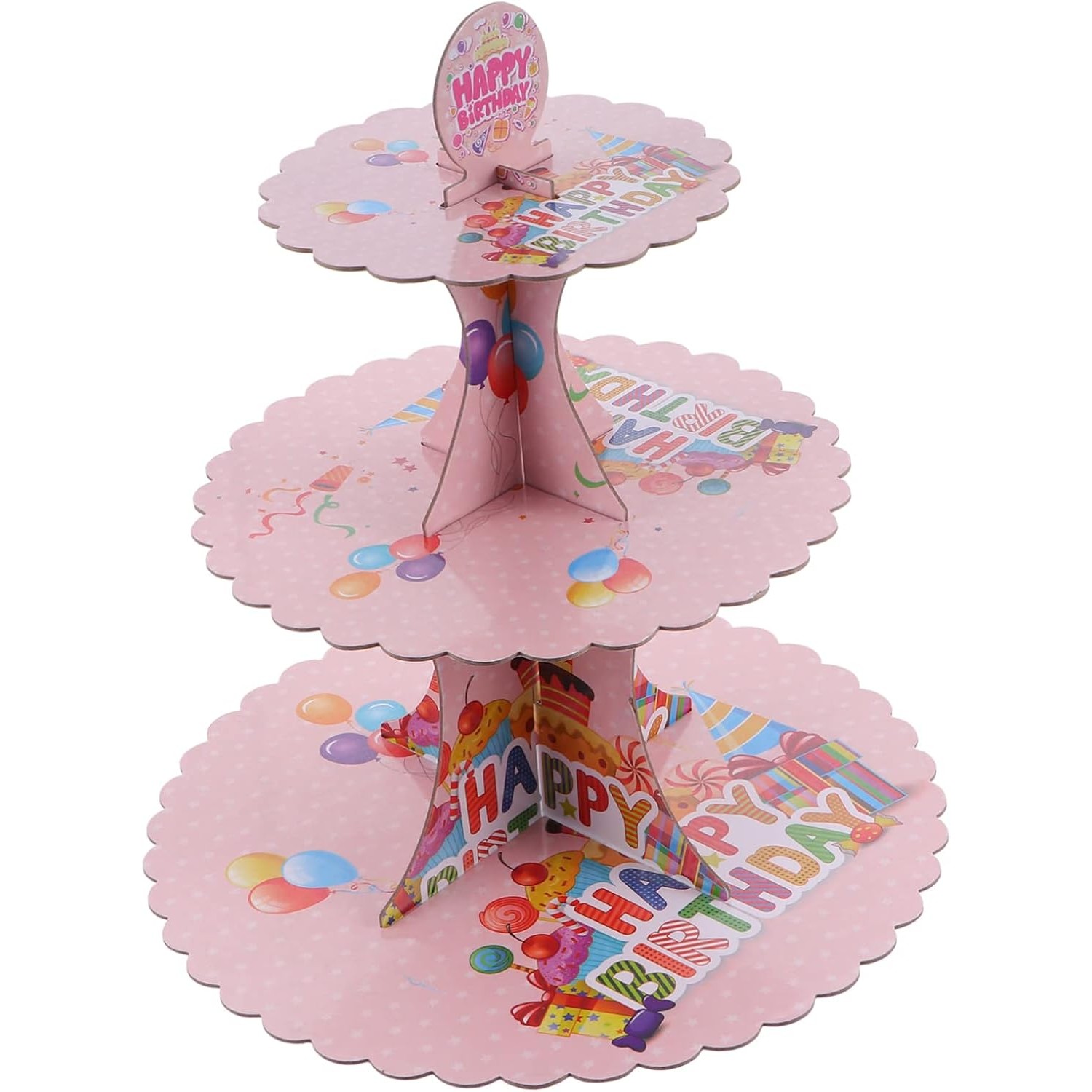 Etajera pentru Prajituri, Flippy, din Carton, 3 Nivele, 16/22/29 cm Diametru, Inaltime 38 cm, Tema Happy Birthday, Roz