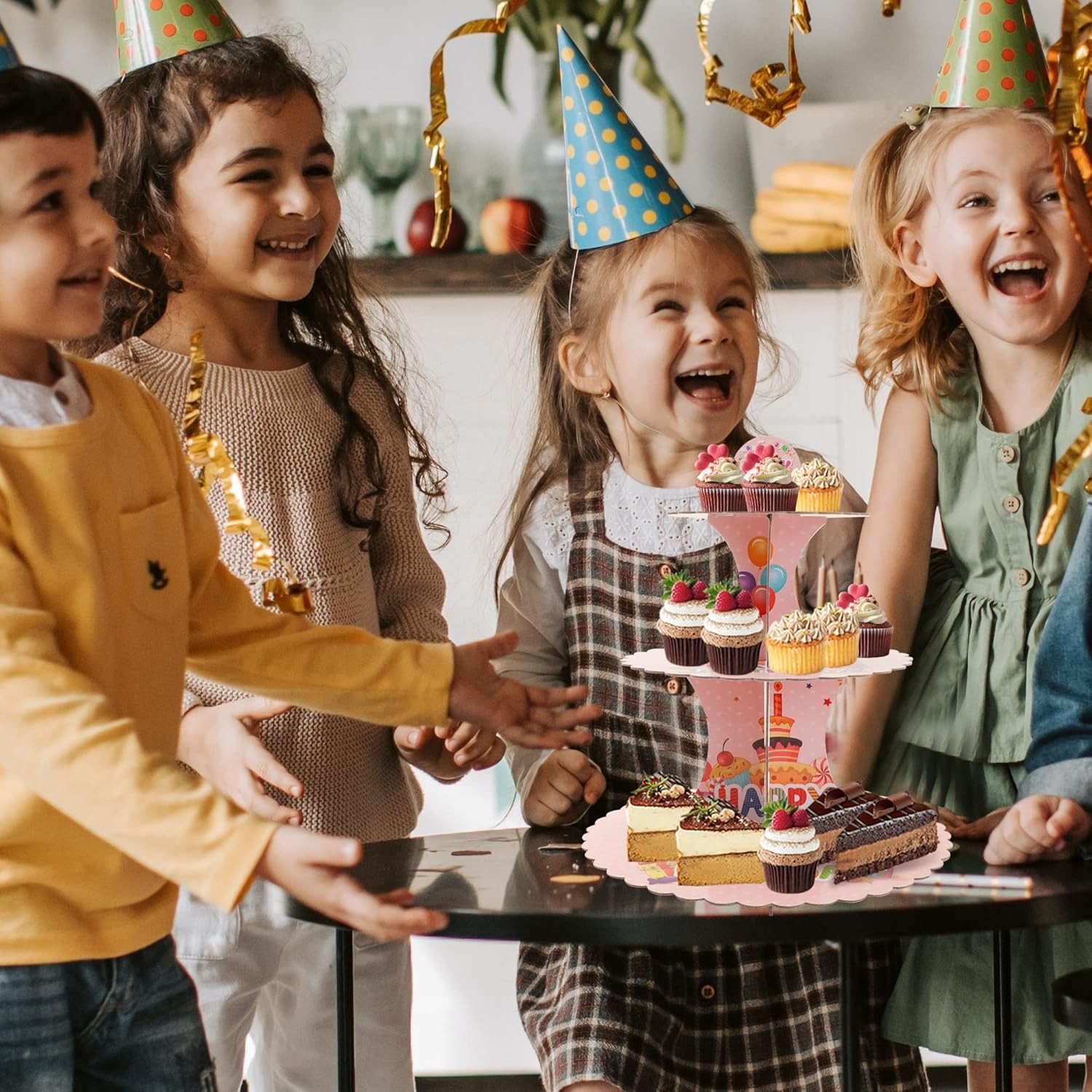 Etajera pentru Prajituri, Flippy, din Carton, 3 Nivele, 16/22/29 cm Diametru, Inaltime 38 cm, Tema Happy Birthday, Roz