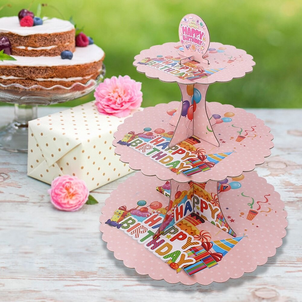 Etajera pentru Prajituri, Flippy, din Carton, 3 Nivele, 16/22/29 cm Diametru, Inaltime 38 cm, Tema Happy Birthday, Roz