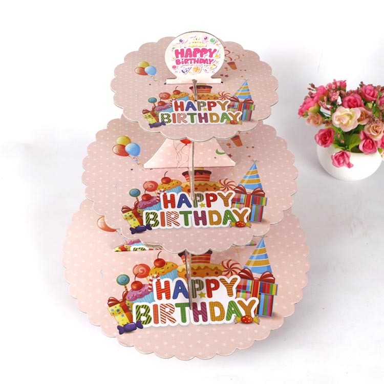 Etajera pentru Prajituri, Flippy, din Carton, 3 Nivele, 16/22/29 cm Diametru, Inaltime 38 cm, Tema Happy Birthday, Roz