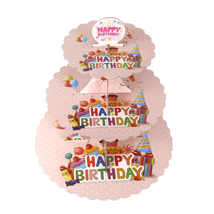 Suport Etajat pentru Prajituri, Flippy, cu Tematica Happy Birthday, 3 Nivele, Model 2, 38x34x1cm, Multicolor