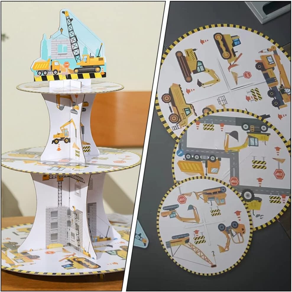 Etajera pentru Prajituri, Flippy, din Carton, 3 Nivele, 16/22/29 cm Diametru, Inaltime 38 cm, Tema Utilaje de Santier, Multicolor