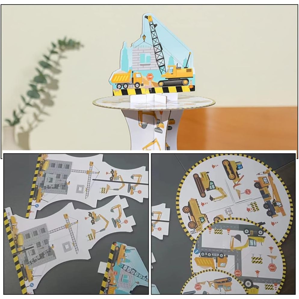 Etajera pentru Prajituri, Flippy, din Carton, 3 Nivele, 16/22/29 cm Diametru, Inaltime 38 cm, Tema Utilaje de Santier, Multicolor