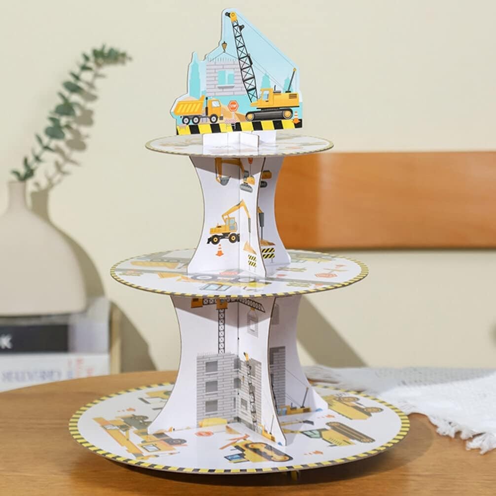 Etajera pentru Prajituri, Flippy, din Carton, 3 Nivele, 16/22/29 cm Diametru, Inaltime 38 cm, Tema Utilaje de Santier, Multicolor