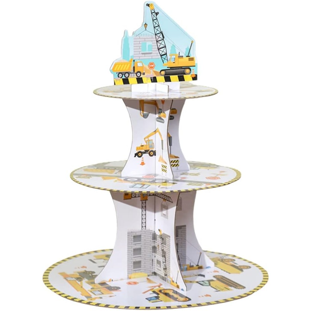 Etajera pentru Prajituri, Flippy, din Carton, 3 Nivele, 16/22/29 cm Diametru, Inaltime 38 cm, Tema Utilaje de Santier, Multicolor