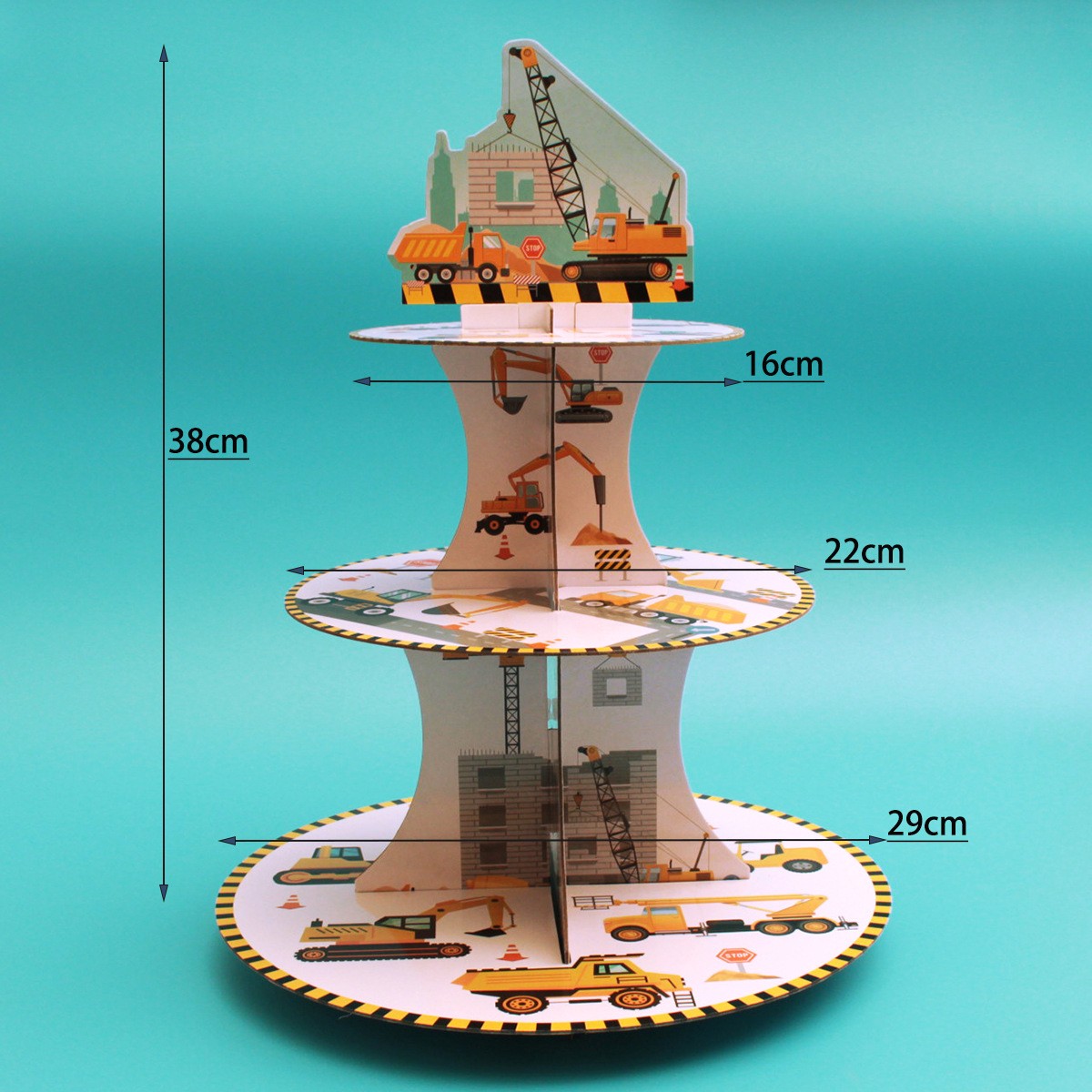 Etajera pentru Prajituri, Flippy, din Carton, 3 Nivele, 16/22/29 cm Diametru, Inaltime 38 cm, Tema Utilaje de Santier, Multicolor