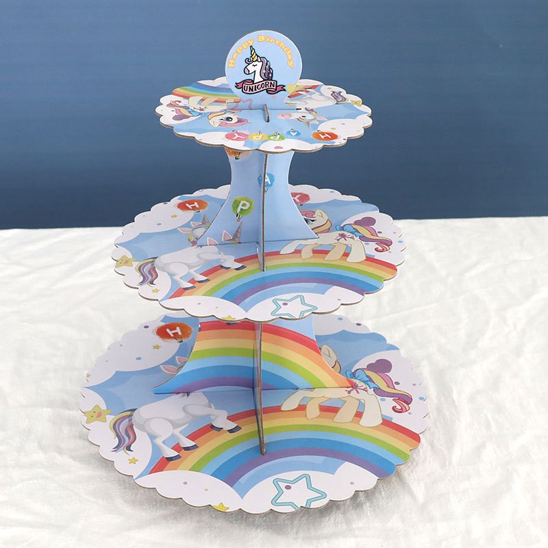 Etajera pentru Prajituri, Flippy, din Carton, 3 Nivele, 16/22/29 cm Diametru, Inaltime 38 cm, Tema Unicorni, Multicolor