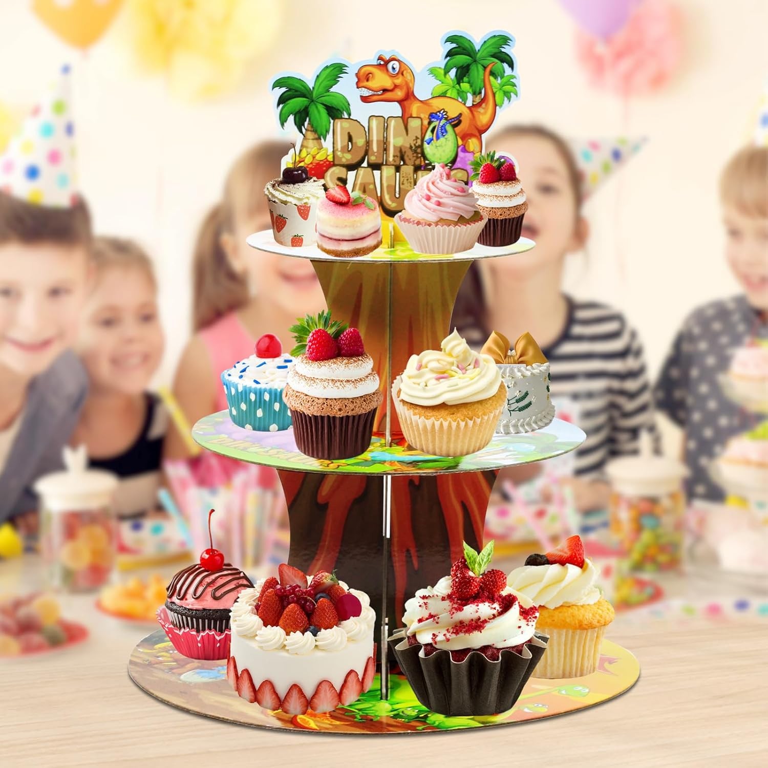 Etajera pentru Prajituri, Flippy, din Carton, 3 Nivele, 16/22/29 cm Diametru, Inaltime 38 cm, Tema Dinozauri, Multicolor