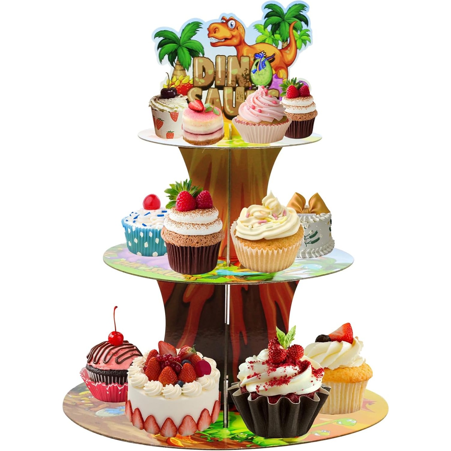 Etajera pentru Prajituri, Flippy, din Carton, 3 Nivele, 16/22/29 cm Diametru, Inaltime 38 cm, Tema Dinozauri, Multicolor