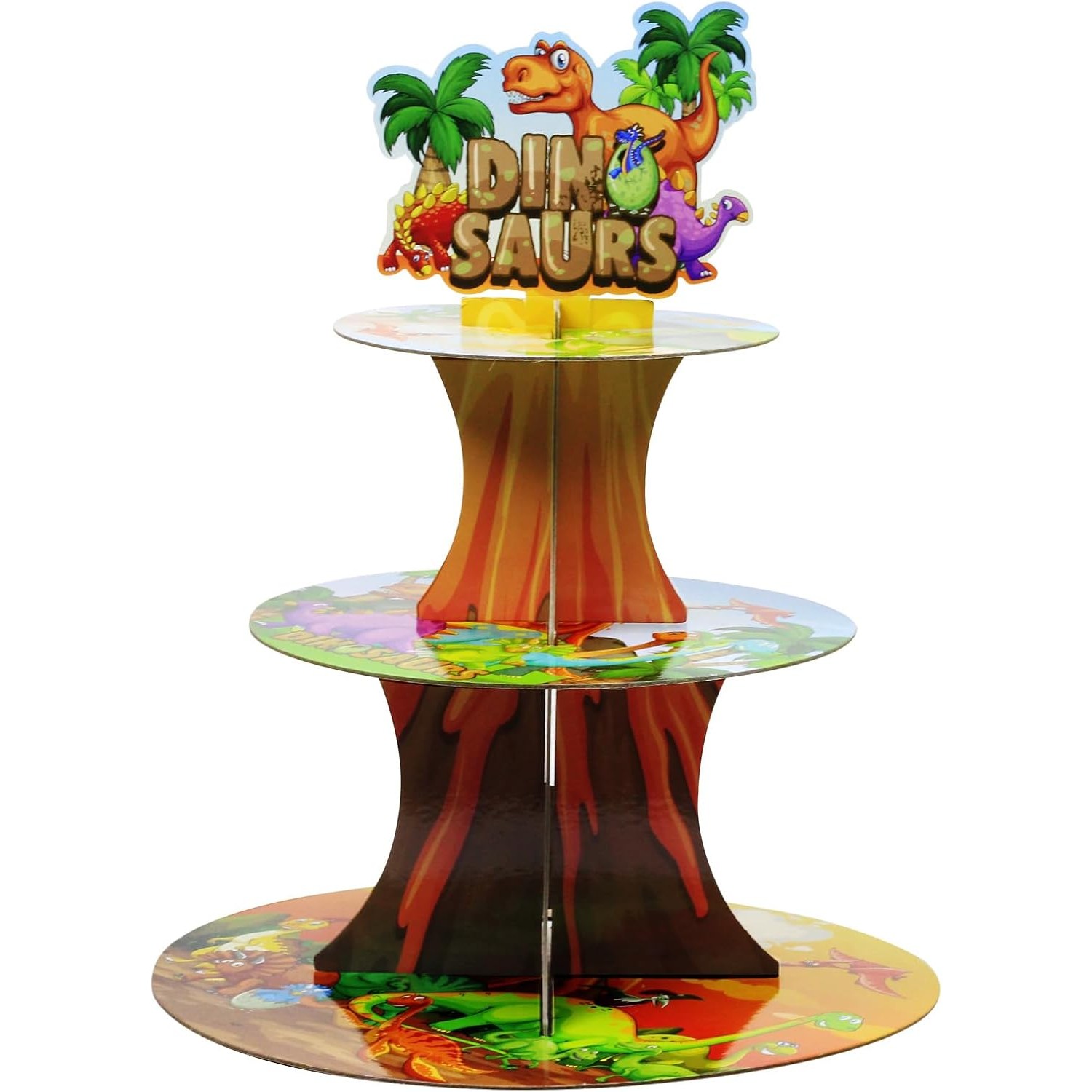 Etajera pentru Prajituri, Flippy, din Carton, 3 Nivele, 16/22/29 cm Diametru, Inaltime 38 cm, Tema Dinozauri, Multicolor