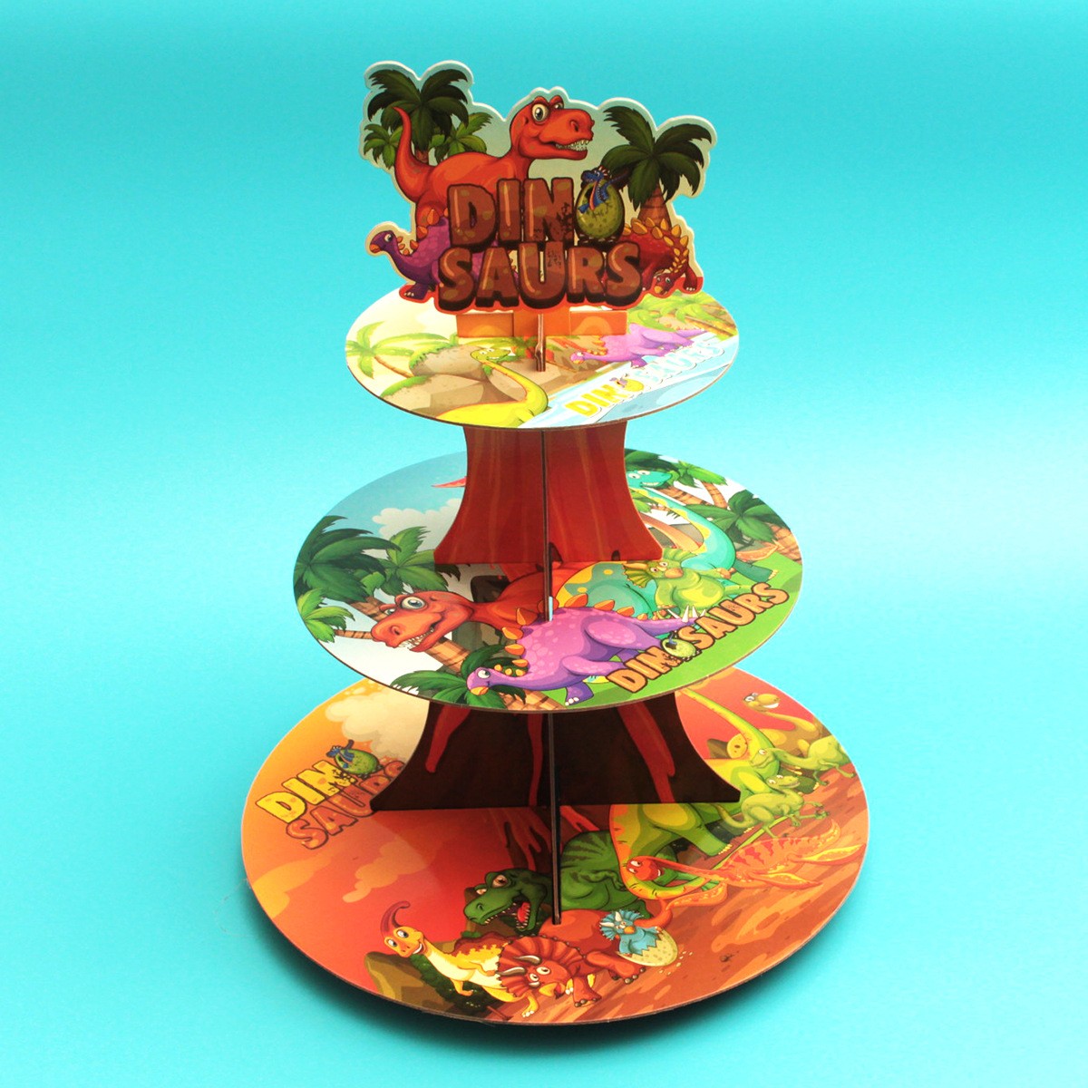 Etajera pentru Prajituri, Flippy, din Carton, 3 Nivele, 16/22/29 cm Diametru, Inaltime 38 cm, Tema Dinozauri, Multicolor