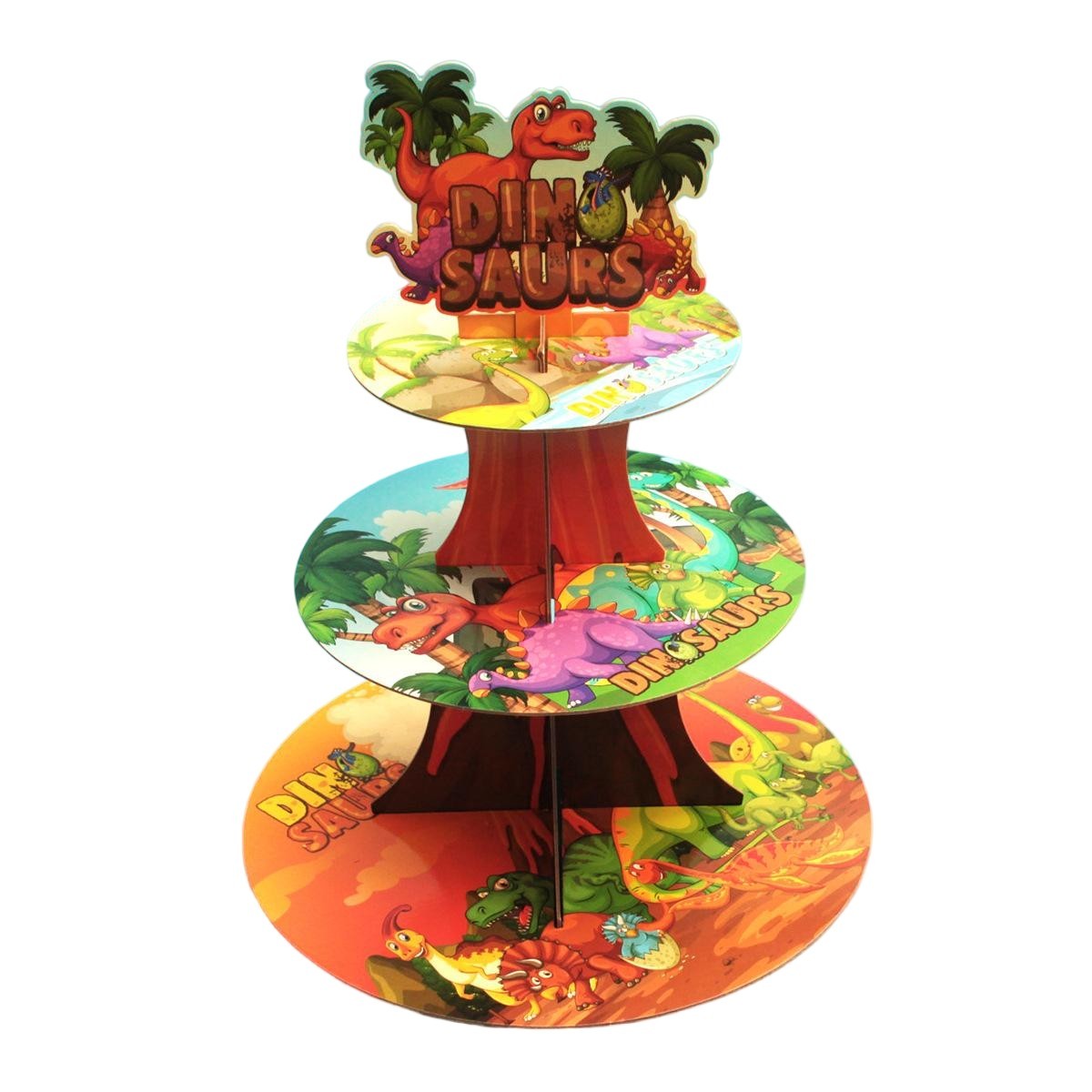 Etajera pentru Prajituri, Flippy, din Carton, 3 Nivele, 16/22/29 cm Diametru, Inaltime 38 cm, Tema Dinozauri, Multicolor