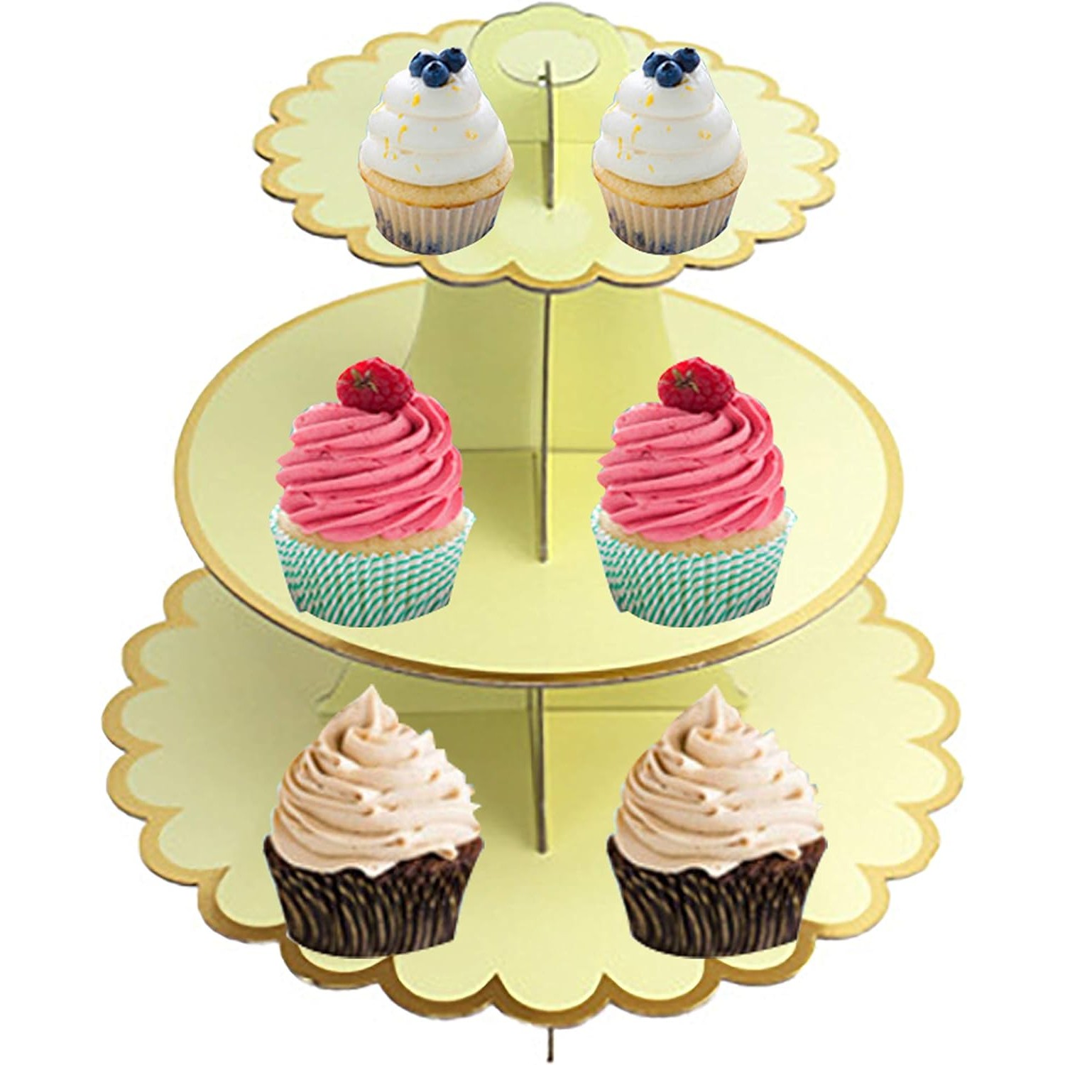 Etajera pentru Prajituri, Flippy, din Carton, 3 Nivele, 16/22/29 cm Diametru, Inaltime 38 cm, Galben