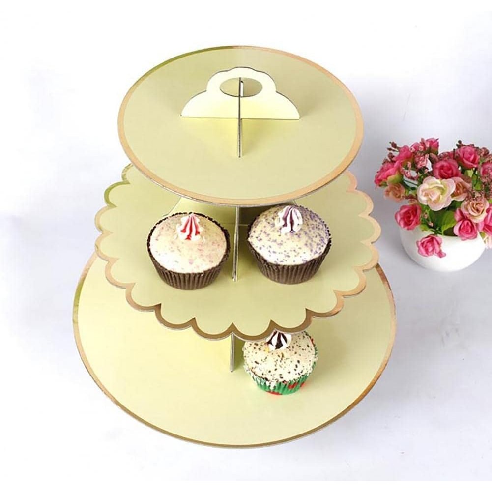 Etajera pentru Prajituri, Flippy, din Carton, 3 Nivele, 16/22/29 cm Diametru, Inaltime 38 cm, Galben