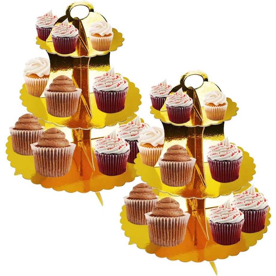 Etajera pentru Prajituri, Flippy, din Carton, 3 Nivele, 16/22/29 cm Diametru, Inaltime 38 cm, Auriu