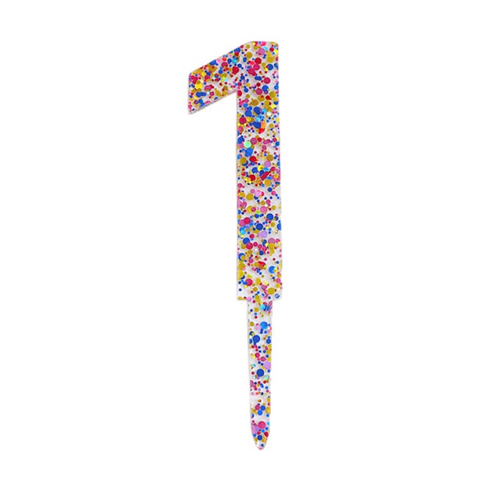 Decoratiune Topper pentru Tort, Flippy, din Acrilic cu Fulgi de Sclipici, Model Cifra 1, Inaltime 18.5 cm, Transparent Multicolor 