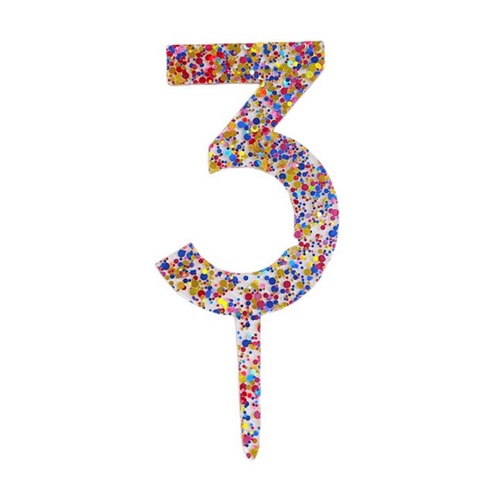 Decoratiune Topper pentru Tort, Flippy, din Acrilic cu Fulgi de Sclipici, Model Cifra 3, Inaltime 18.5 cm, Transparent Multicolor  Decoratiune Topper pentru Tort, Flippy, din Acrilic cu Fulgi de Sclipici, Model Cifra 3, Inaltime 18.5 cm, Transparent Multicolor