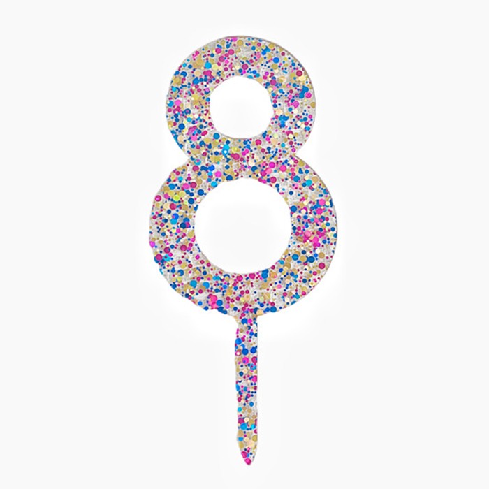 Decoratiune Topper pentru Tort, Flippy, din Acrilic cu Fulgi de Sclipici, Model Cifra 8, Inaltime 18.5 cm, Transparent Multicolor 