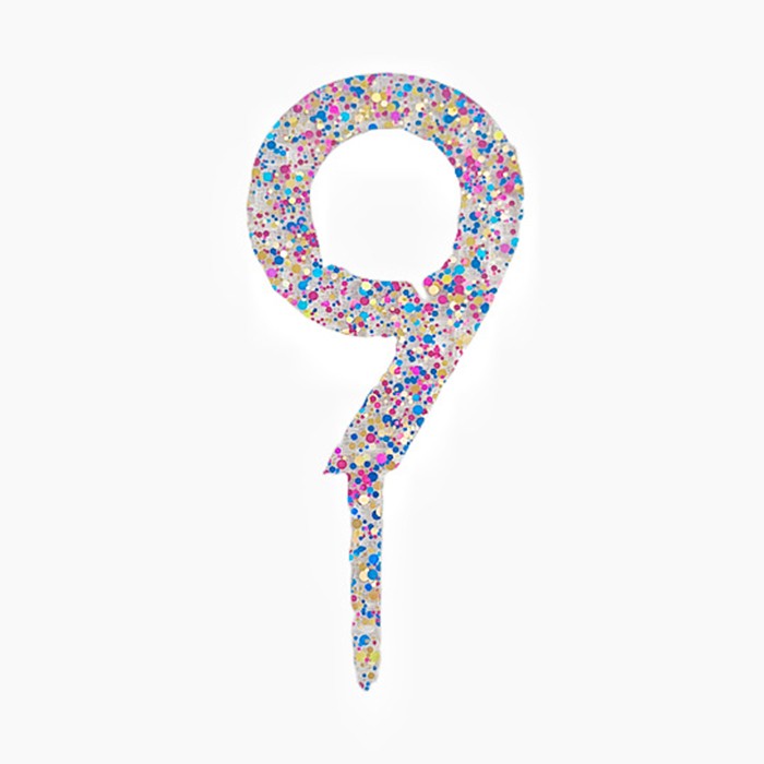 Decoratiune Topper pentru Tort, Flippy, din Acrilic cu Fulgi de Sclipici, Model Cifra 9, Inaltime 18.5 cm, Transparent Multicolor 