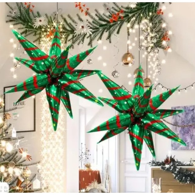 Balon Stea, Flippy, din Folie de Aluminiu, Tema Craciun, 12 Varfuri, 65 x 23 cm, Verde/Rosu