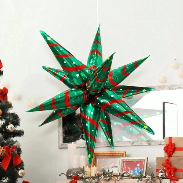 Balon Stea, Flippy, din Folie de Aluminiu, Tema Craciun, 12 Varfuri, 65 x 23 cm, Verde/Rosu