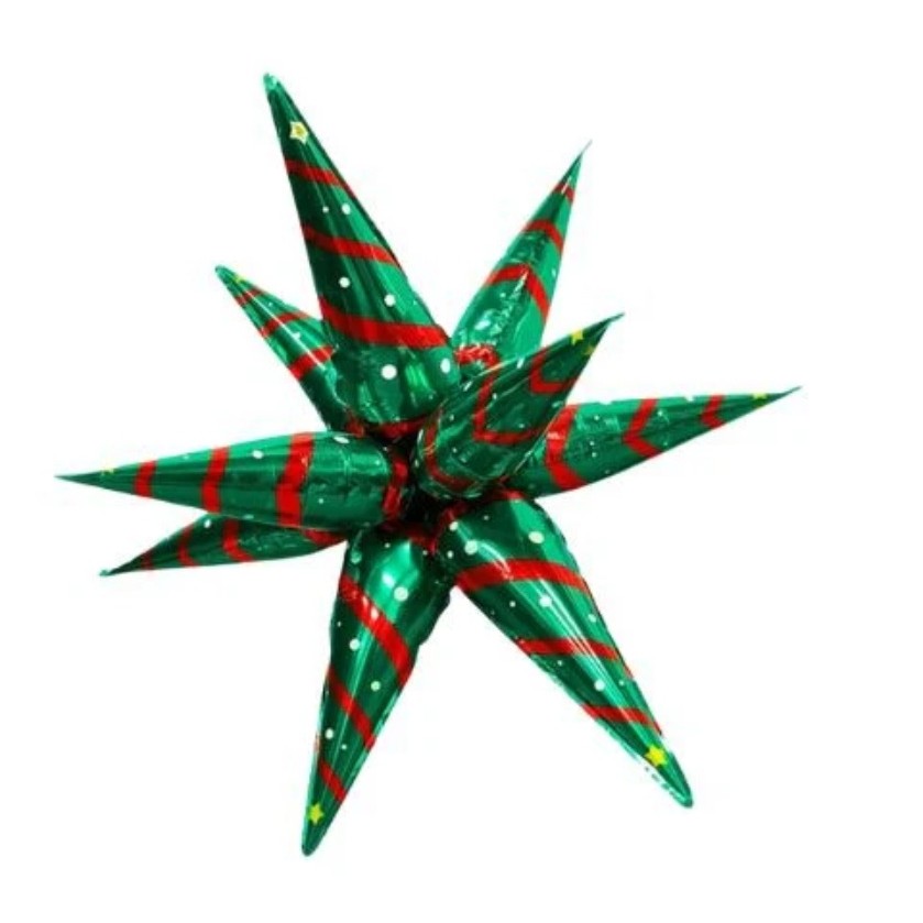 Balon Stea, Flippy, din Folie de Aluminiu, Tema Craciun, 12 Varfuri, 65 x 23 cm, Verde/Rosu