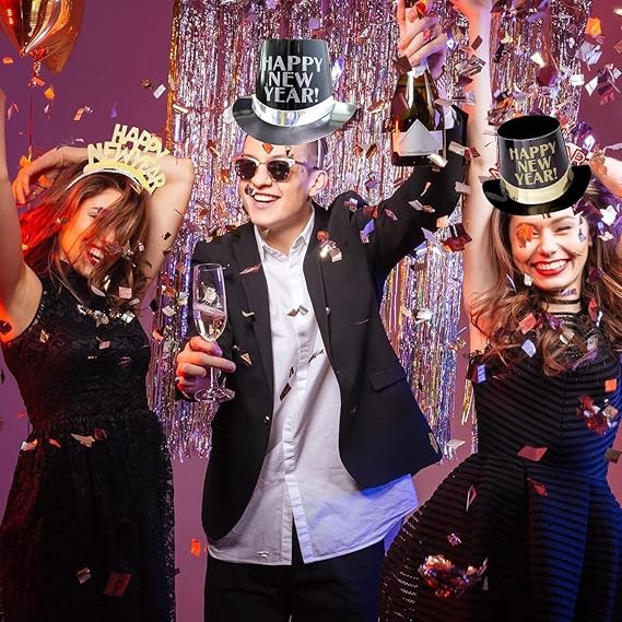 Palarie Tip Lincoln, Flippy, Model Happy New Year cu Buline, Accesoriu Petrecere de Anul Nou, Marime Universala, din Carton, Negru/Auriu