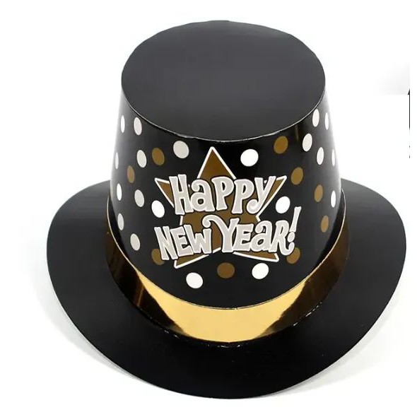 Palarie Tip Lincoln, Flippy, Model Happy New Year cu Buline, Accesoriu Petrecere de Anul Nou, Marime Universala, din Carton, Negru/Auriu