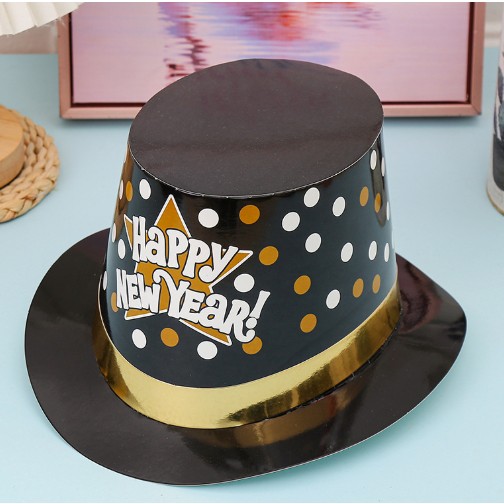 Palarie Tip Lincoln, Flippy, Model Happy New Year cu Buline, Accesoriu Petrecere de Anul Nou, Marime Universala, din Carton, Negru/Auriu