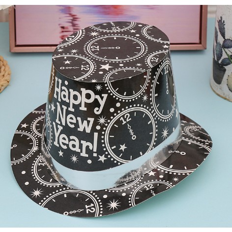 Palarie Tip Lincoln, Flippy, Model Happy New Year cu Ceasuri, Accesoriu Petrecere de Anul Nou, Marime Universala, din Carton, Negru/Argintiu
