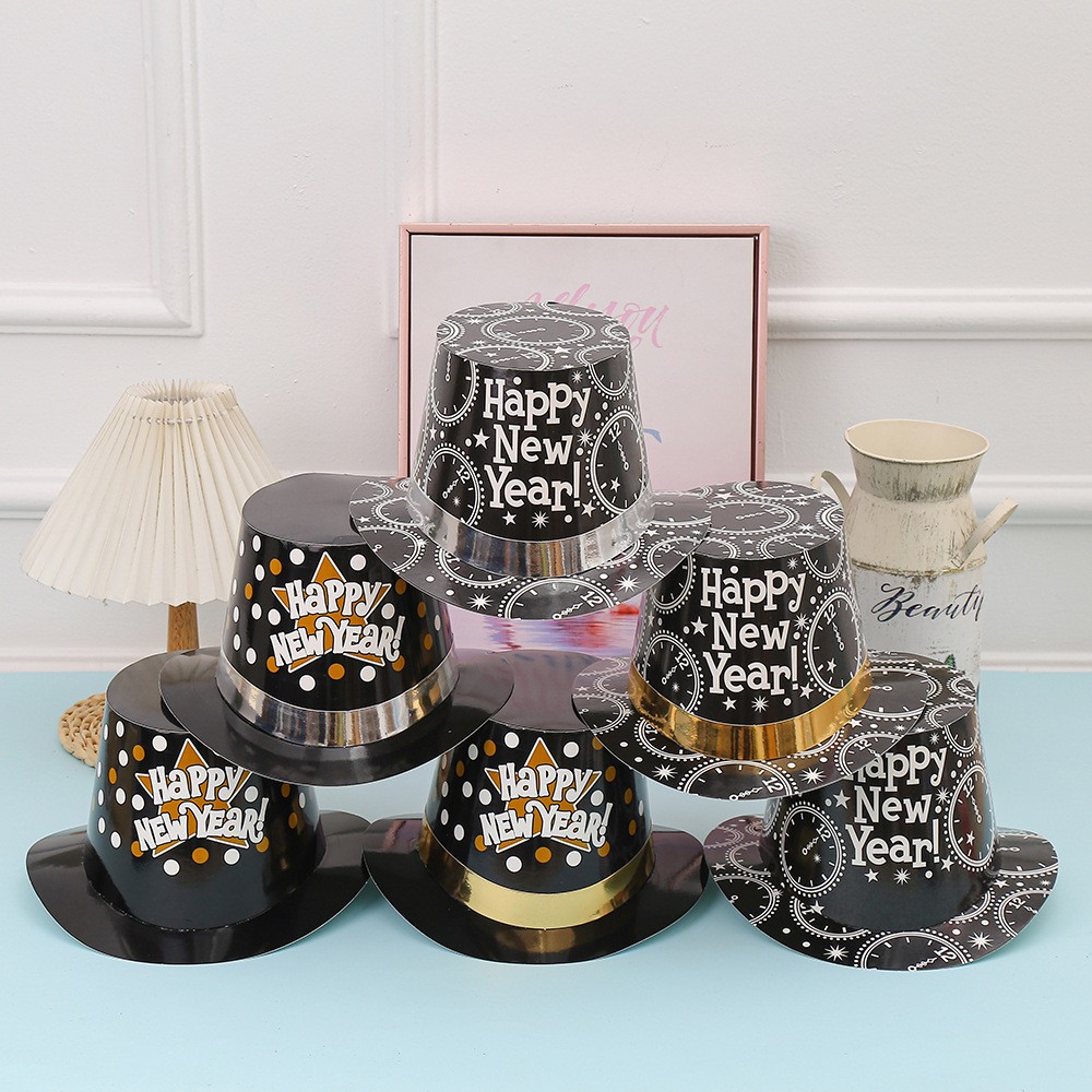Palarie Tip Lincoln, Flippy, Model Happy New Year cu Ceasuri, Accesoriu Petrecere de Anul Nou, Marime Universala, din Carton, Negru/Argintiu