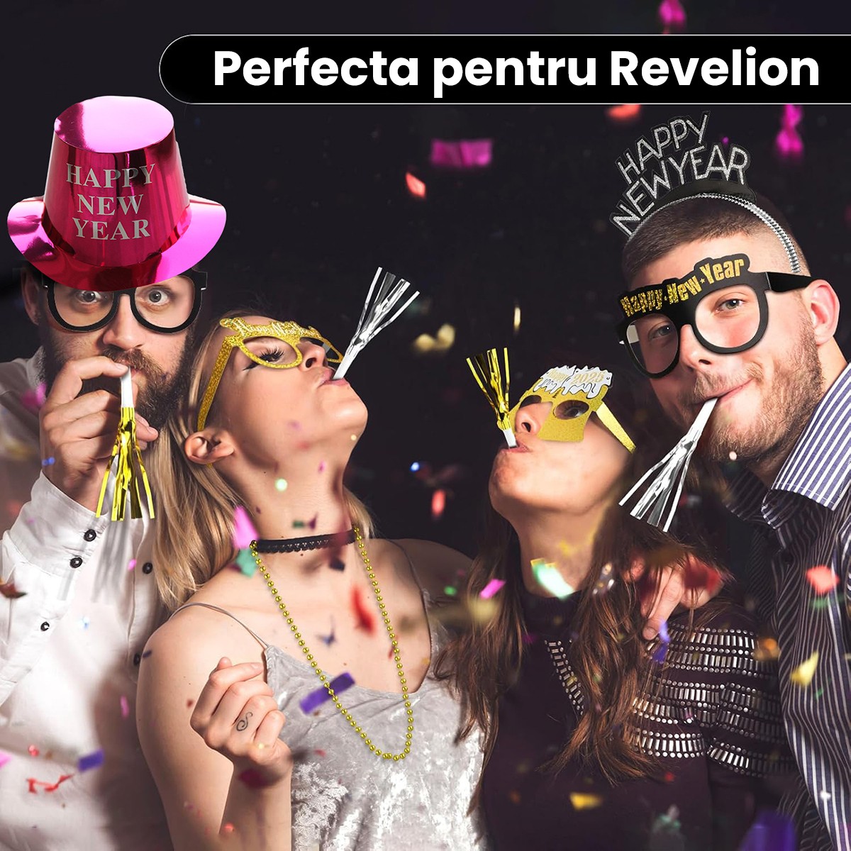 Palarie Happy New Year pentru Revelion, Flippy, Palarie Festiva de Anul Nou, Palarie Magica din Hartie, 29 x 25 x 15.5 cm, Colorata Sclipitor Roz