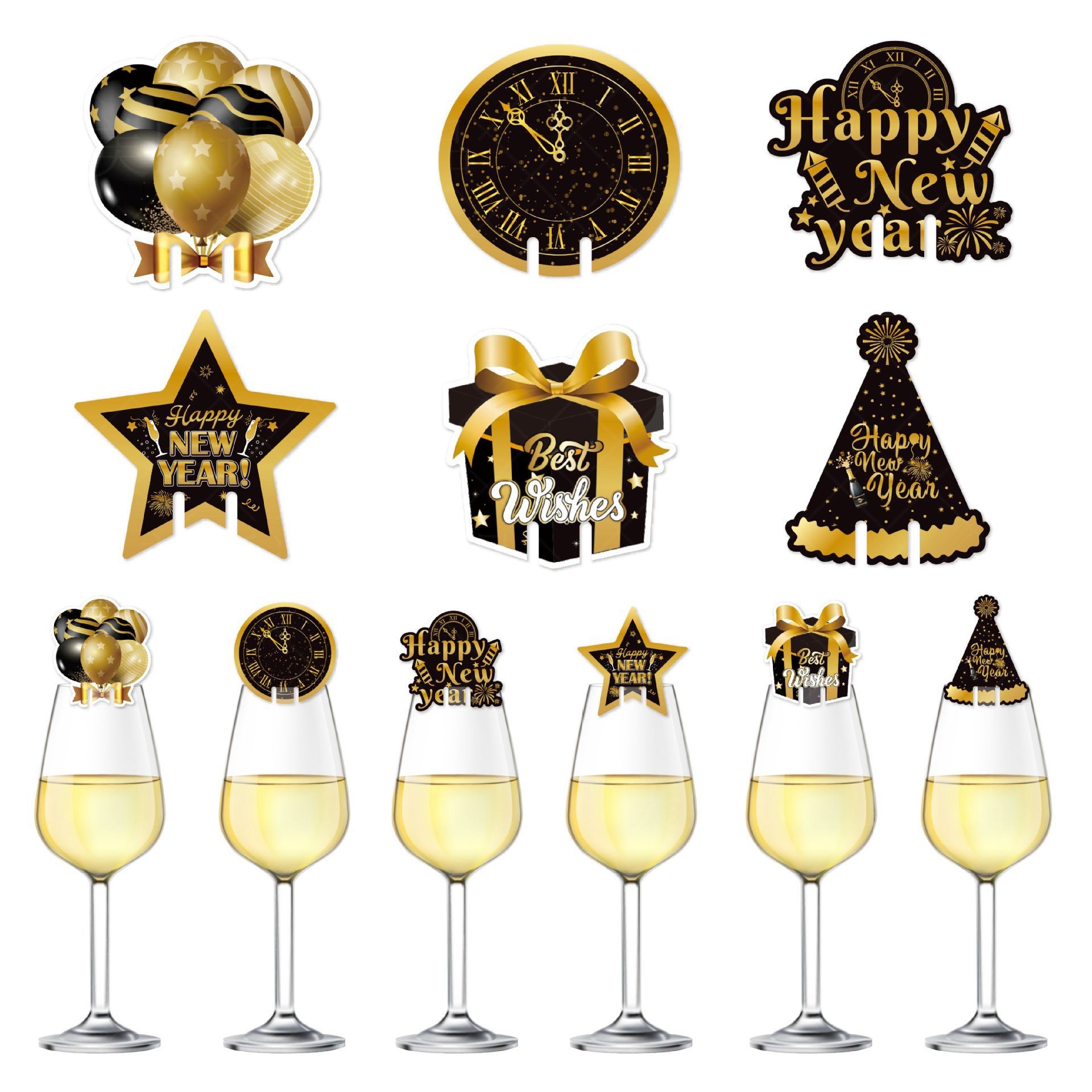 Set 6 Decoratiuni pentru Pahare de Cocktail, Flippy, Tema Anul Nou, din Hartie, Multicolor
