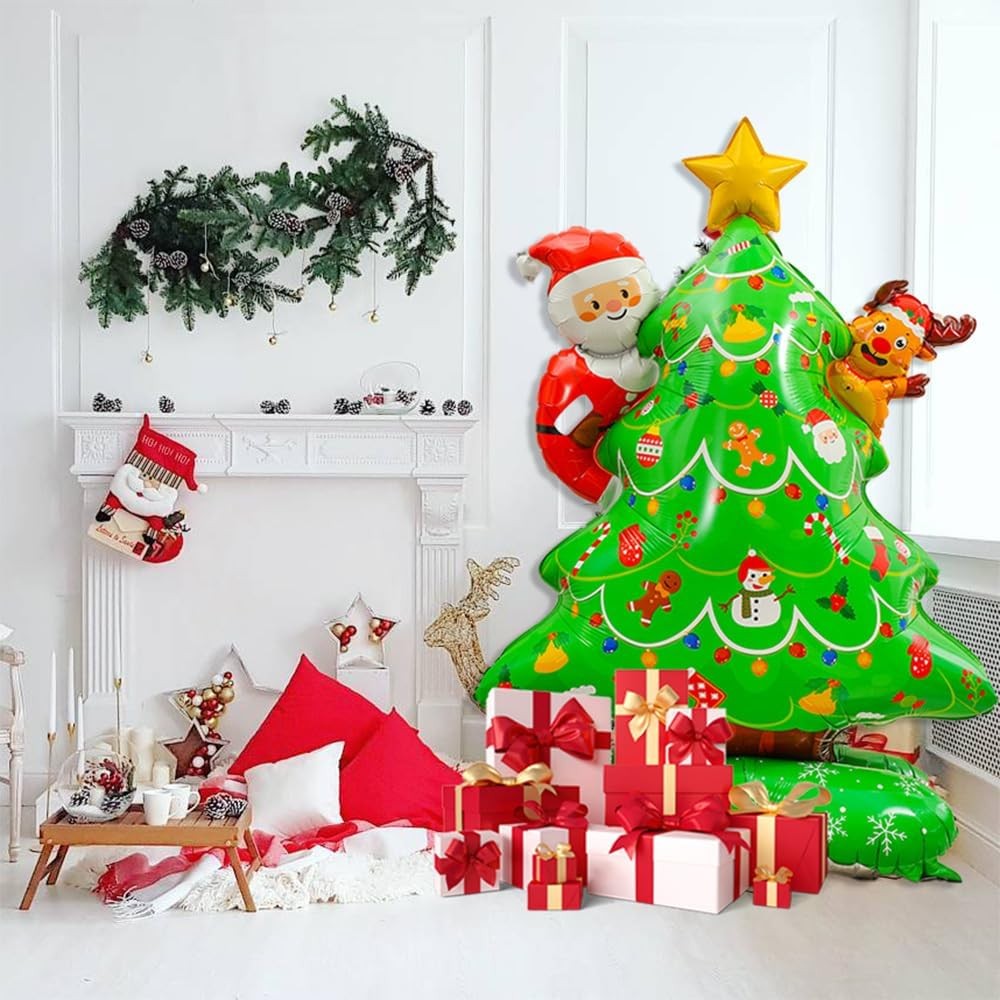 Balon Brad, Flippy, din Folie de Aluminiu, Tema Craciun, 62 x 34 x 117 cm, Baza Stabila, Verde