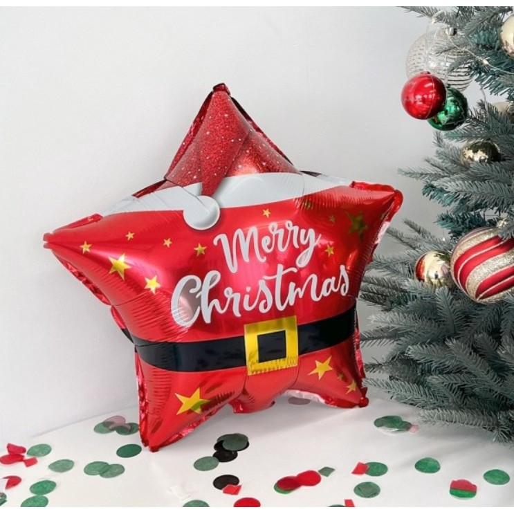 Balon Stea, Flippy, din Folie de Aluminiu, Tema Craciun Merry Christmas, 45 x 45 cm, Rosu