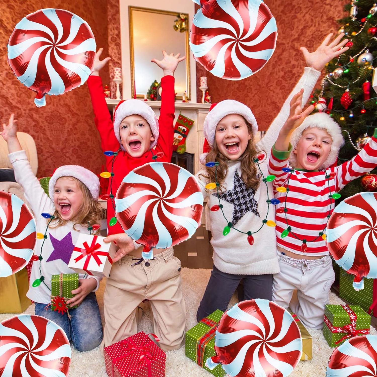 Balon Rotund, Flippy, din Folie de Aluminiu, Tema Craciun, Model Acadea, 44.5x53 cm, Rosu/Alb