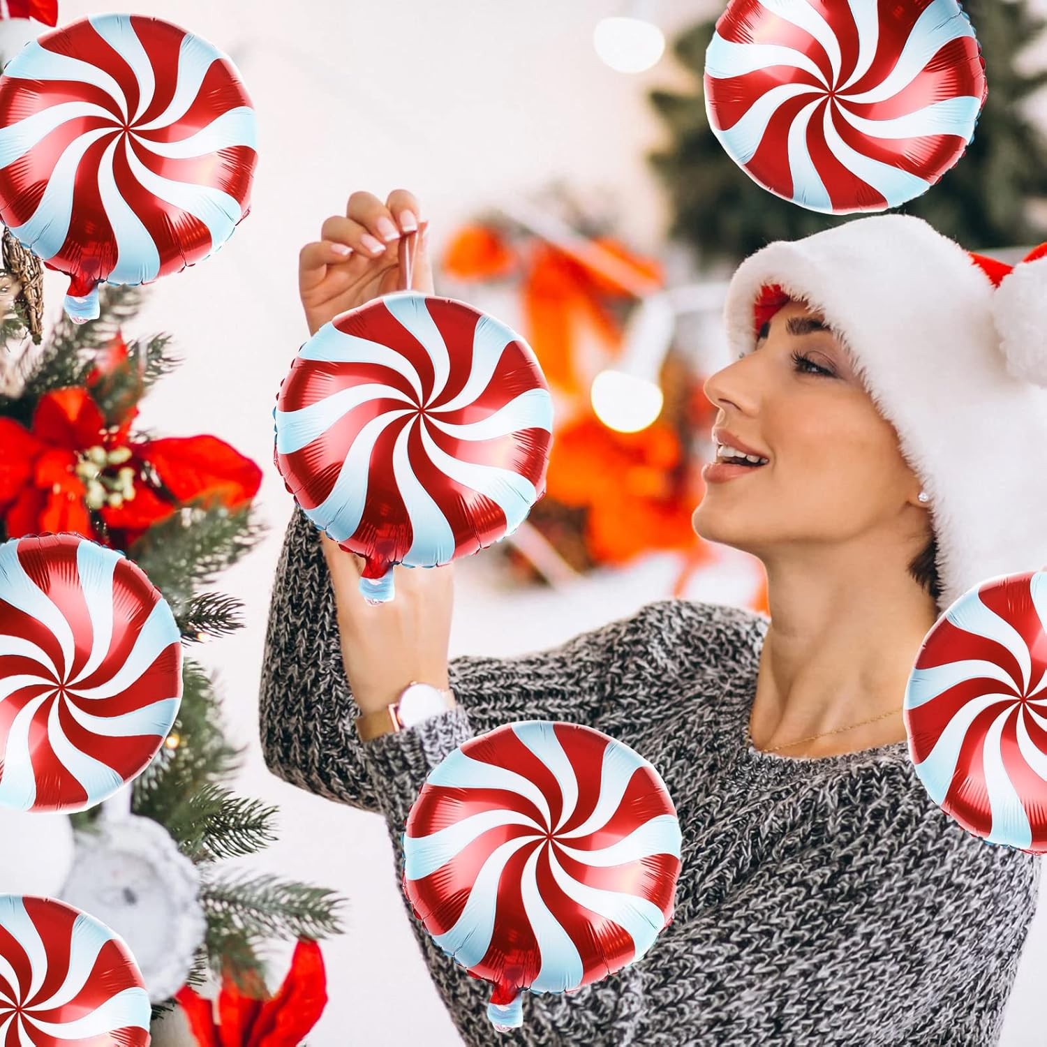 Balon Rotund, Flippy, din Folie de Aluminiu, Tema Craciun, Model Acadea, 44.5x53 cm, Rosu/Alb