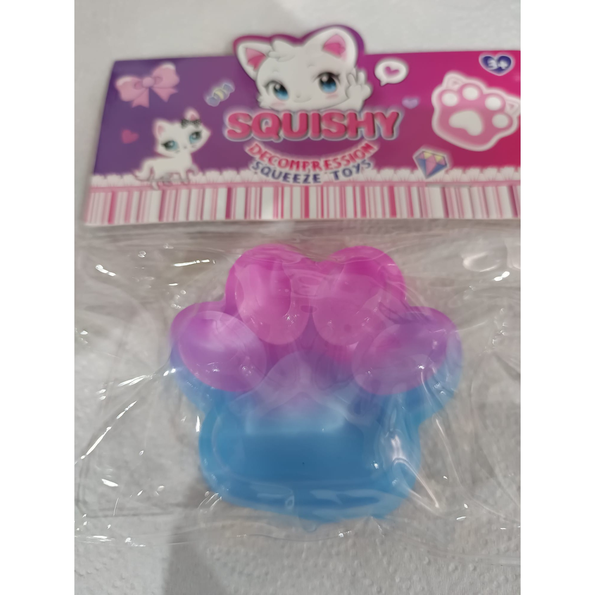 Jucarie Antistres Squishy, Flippy, cu Revenire Lenta, Labuta de Pisica Pufoasa, 7.5 cm, Ambalaj Transparent, Model 270512, Albastru/Roz