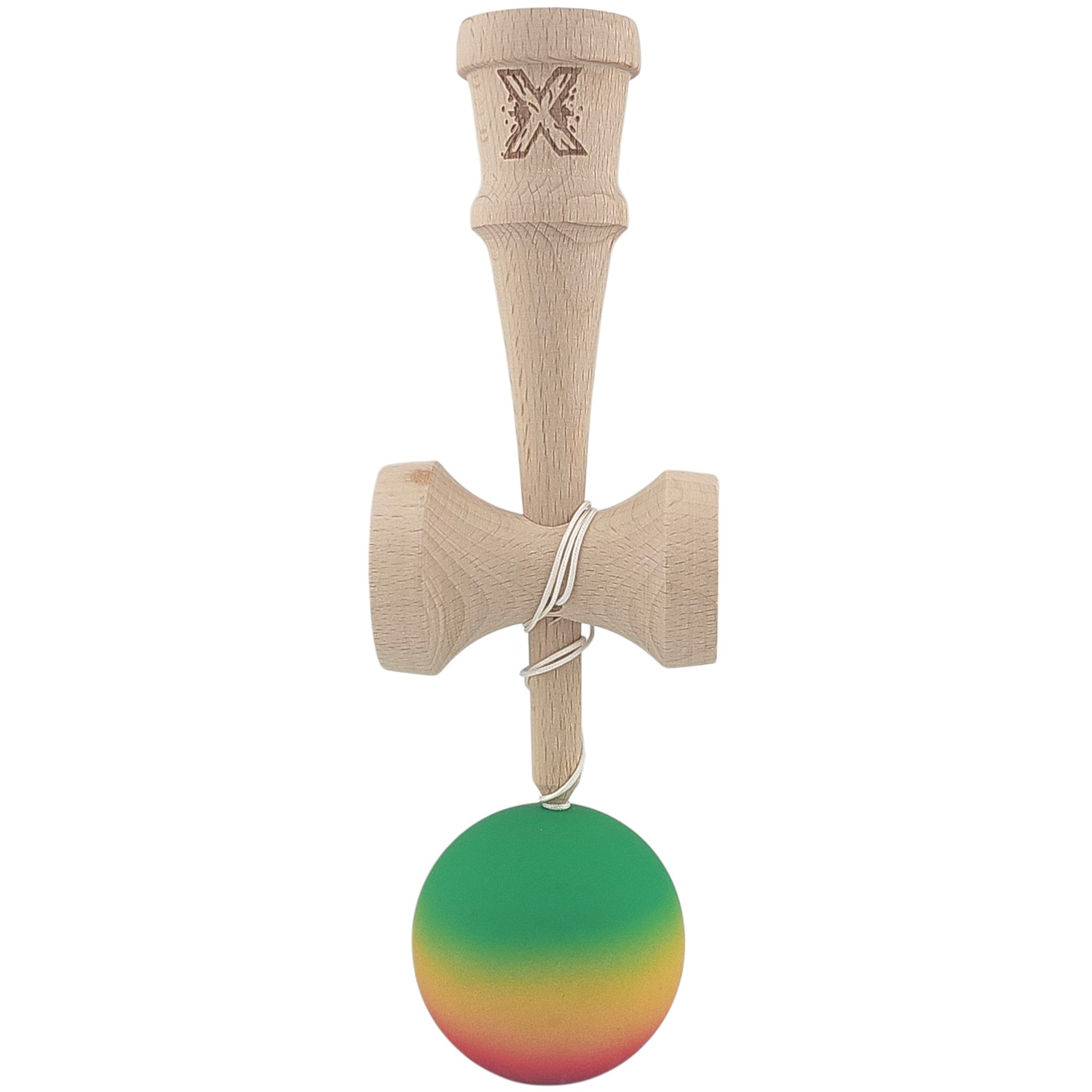 Kendama X Originala, Profesionala, Flippy, din Lemn, Rubber Grip, 18 cm, Gradient Verde/Galben/Rosu