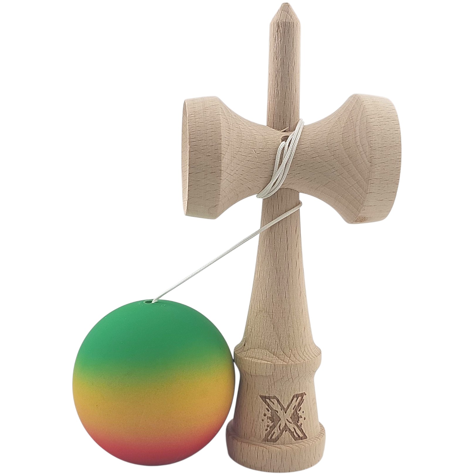 Kendama X Originala, Profesionala, Flippy, din Lemn, Rubber Grip, 18 cm, Gradient Verde/Galben/Rosu