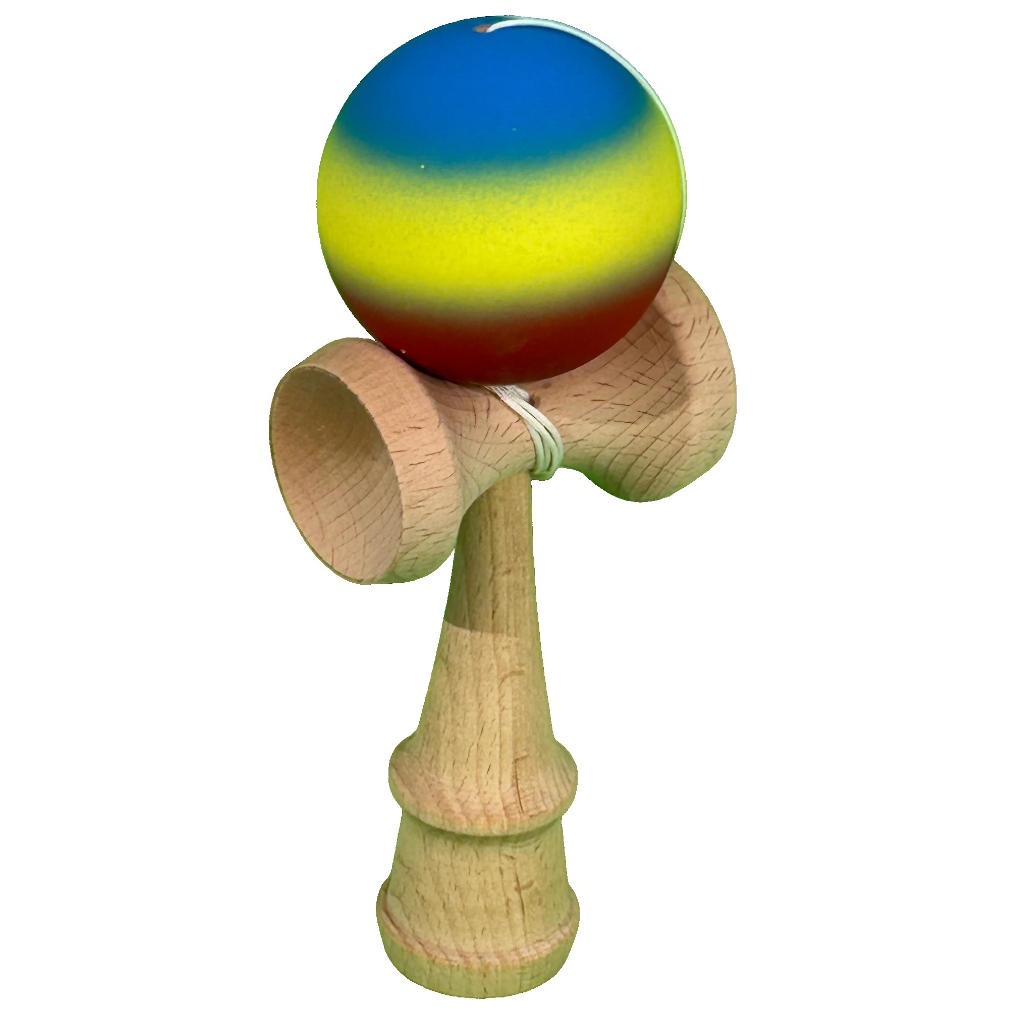 Jucarie Interactiva Kendama Profesionala, Flippy, din Lemn, 18 cm, Joc de Indemanare pentru Copii si Adulti, Gradient Albastru/Galben/Rosu
