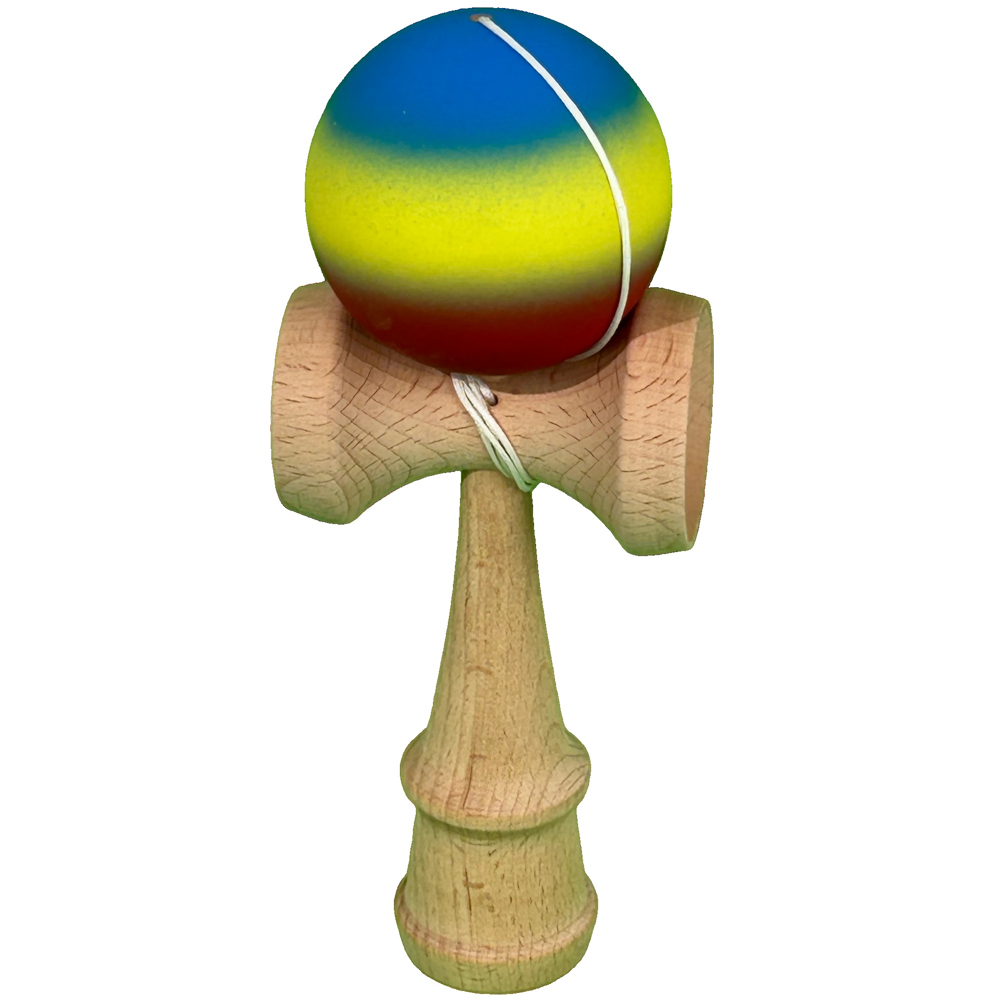 Jucarie Interactiva Kendama Profesionala, Flippy, din Lemn, 18 cm, Joc de Indemanare pentru Copii si Adulti, Gradient Albastru/Galben/Rosu