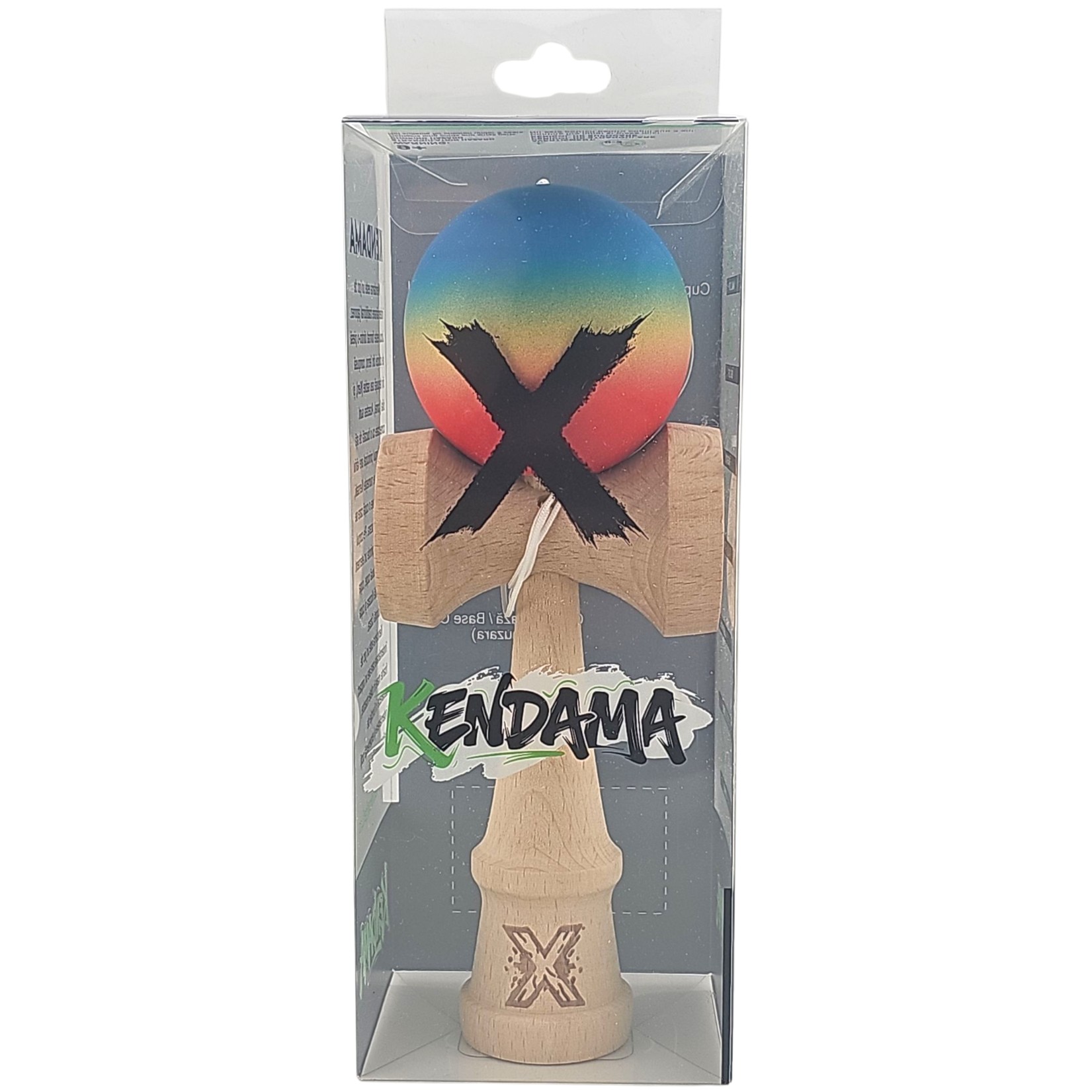 Kendama X Originala, Profesionala, Flippy, din Lemn, Rubber Grip, 18 cm, Gradient Albastru/Galben/Rosu